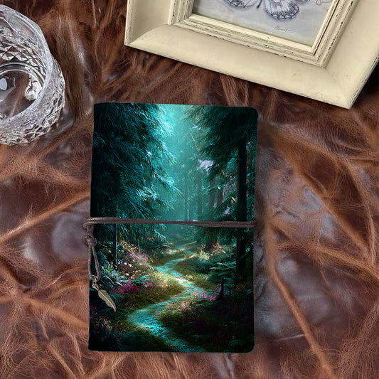 Handmade A6 Notebook, Vintage Metal Binder, 80 Sheets, Tether Closure with Metal Pendant, Office Use with Path, trees, plants, flowers, for