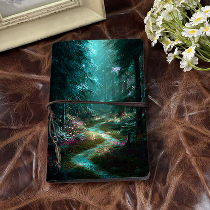 Handmade A6 Notebook, Vintage Metal Binder, 80 Sheets, Tether Closure with Metal Pendant, Office Use with Path, trees, plants, flowers, for