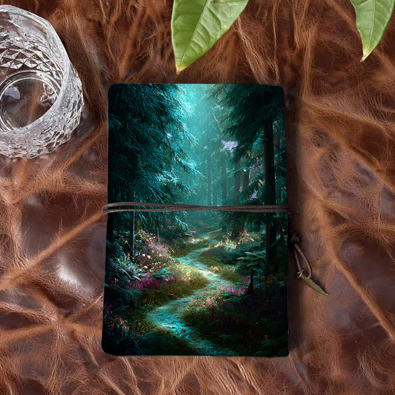 Handmade A6 Notebook, Vintage Metal Binder, 80 Sheets, Tether Closure with Metal Pendant, Office Use with Path, trees, plants, flowers, for