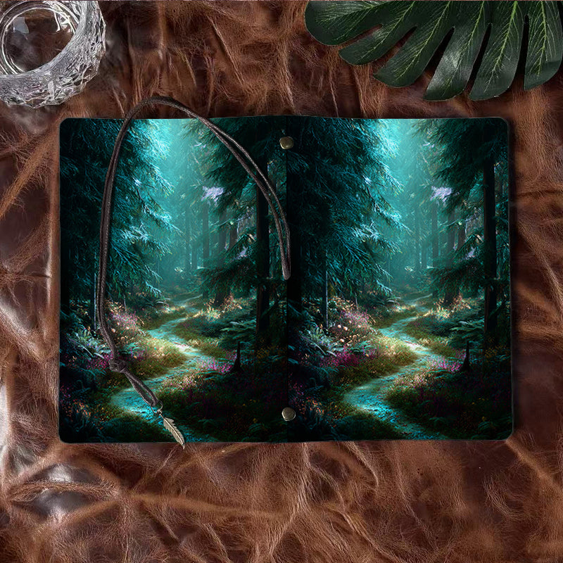 Handmade A6 Notebook, Vintage Metal Binder, 80 Sheets, Tether Closure with Metal Pendant, Office Use with Path, trees, plants, flowers, for