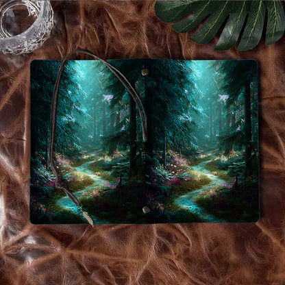 Handmade A6 Notebook, Vintage Metal Binder, 80 Sheets, Tether Closure with Metal Pendant, Office Use with Path, trees, plants, flowers, for