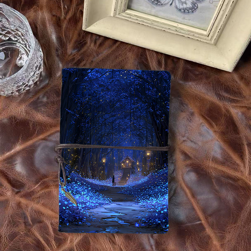 A6 Handmade Vintage Notebook, Metal Loose - leaf, 80 Sheets, Tether with Metal Pendant, Office Note - taking with Man, dog, forest, house,