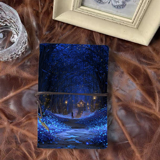 A6 Handmade Vintage Notebook, Metal Loose - leaf, 80 Sheets, Tether with Metal Pendant, Office Note - taking with Man, dog, forest, house,