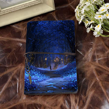 A6 Handmade Vintage Notebook, Metal Loose - leaf, 80 Sheets, Tether with Metal Pendant, Office Note - taking with Man, dog, forest, house,