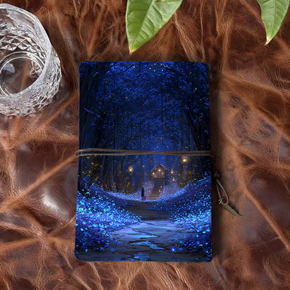 A6 Handmade Vintage Notebook, Metal Loose - leaf, 80 Sheets, Tether with Metal Pendant, Office Note - taking with Man, dog, forest, house,