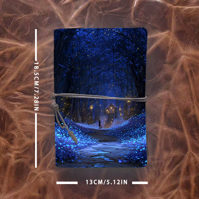 A6 Handmade Vintage Notebook, Metal Loose - leaf, 80 Sheets, Tether with Metal Pendant, Office Note - taking with Man, dog, forest, house,