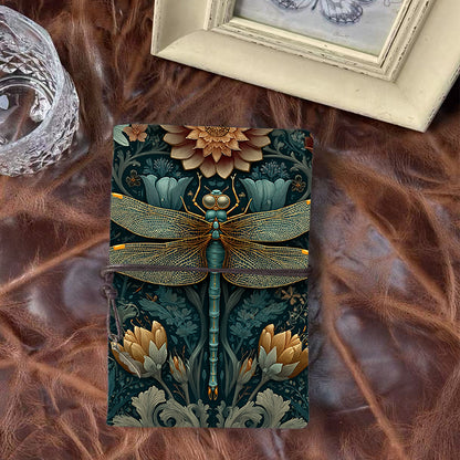 Handmade Office A6 Notebook, Vintage - look Metal Loose - leaf, 80 Sheets, Tether Closure w/ Metal Pendant with Dragonfly, flowers, leaves,