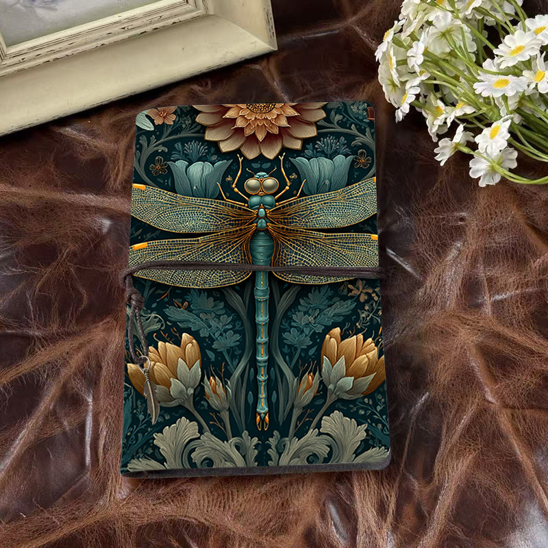 Handmade Office A6 Notebook, Vintage - look Metal Loose - leaf, 80 Sheets, Tether Closure w/ Metal Pendant with Dragonfly, flowers, leaves,