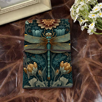 Handmade Office A6 Notebook, Vintage - look Metal Loose - leaf, 80 Sheets, Tether Closure w/ Metal Pendant with Dragonfly, flowers, leaves,