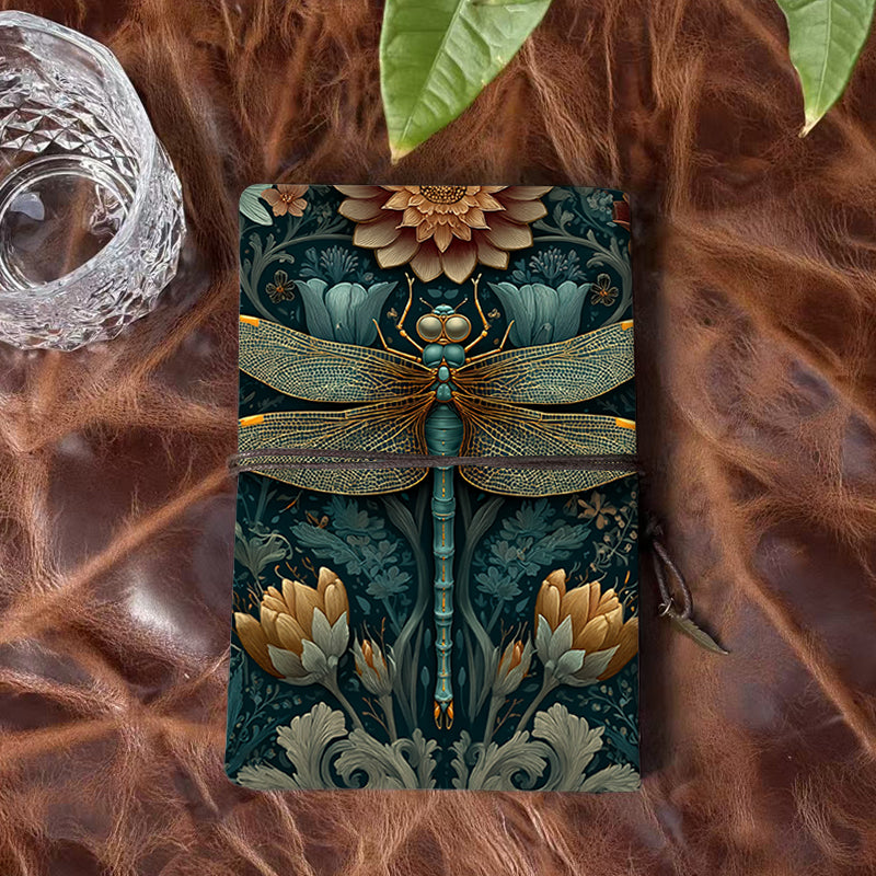 Handmade Office A6 Notebook, Vintage - look Metal Loose - leaf, 80 Sheets, Tether Closure w/ Metal Pendant with Dragonfly, flowers, leaves,