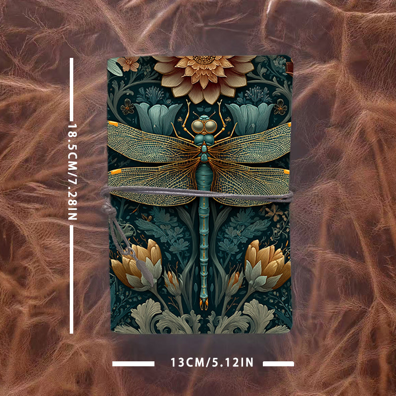 Handmade Office A6 Notebook, Vintage - look Metal Loose - leaf, 80 Sheets, Tether Closure w/ Metal Pendant with Dragonfly, flowers, leaves,