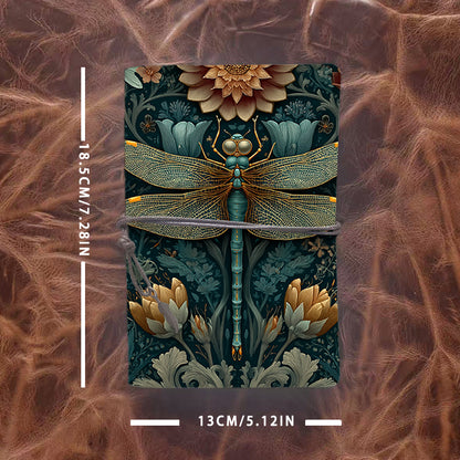 Handmade Office A6 Notebook, Vintage - look Metal Loose - leaf, 80 Sheets, Tether Closure w/ Metal Pendant with Dragonfly, flowers, leaves,