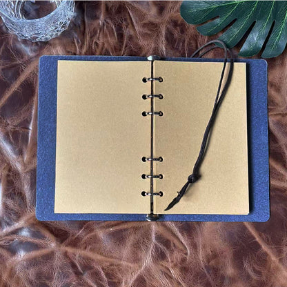 Handmade Office A6 Notebook, Vintage - look Metal Loose - leaf, 80 Sheets, Tether Closure w/ Metal Pendant with Dragonfly, flowers, leaves,