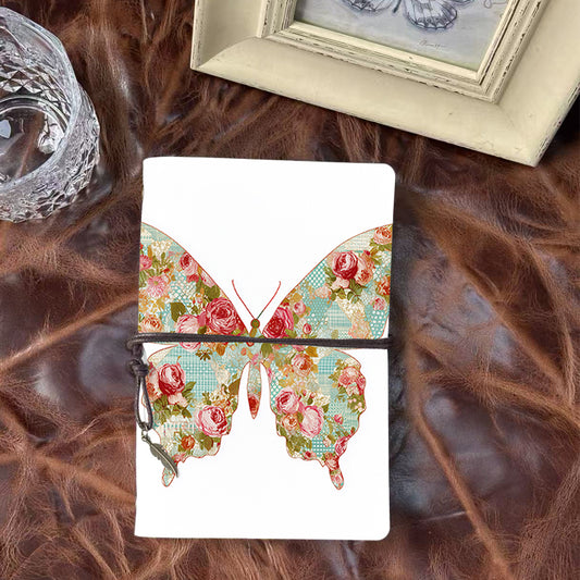Handmade A6 Notebook with Vintage Metal Loose - leaf, 80 Sheets, Tether Closure w/ Metal Pendant, Office Use with Butterfly with floral - p