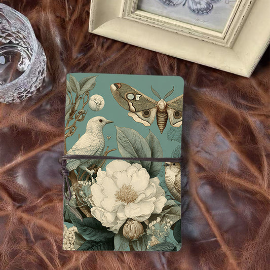 Handmade A6 Vintage-Style Notebook, 160 Pages, Metal Binder, Perfect for Office Professionals with Birds, moth, flower, leaves Prints