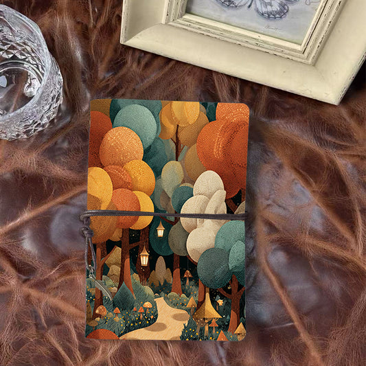 Handmade A6 Vintage Notebook - Metal Loose-leaf, Tether Closure, Must-Have for Professionals with Trees, path, lanterns, mushrooms Prints