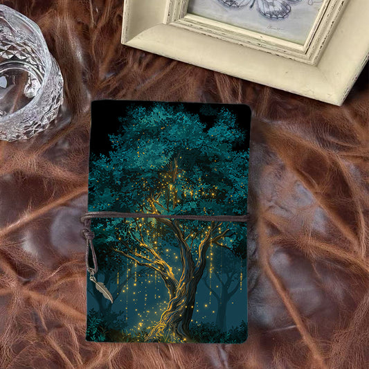 Handmade Office A6 Notebook with Vintage Flair, Metal Loose-leaf, For Working Adults with Glowing tree with fireflies Prints