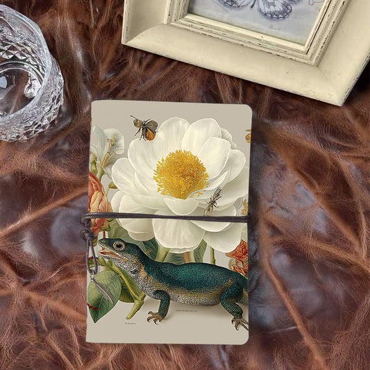 Handmade A6 Notebook, Vintage Design, Metal Binder, Essential for Office Professionals with Flowers, insects, and a lizard Prints