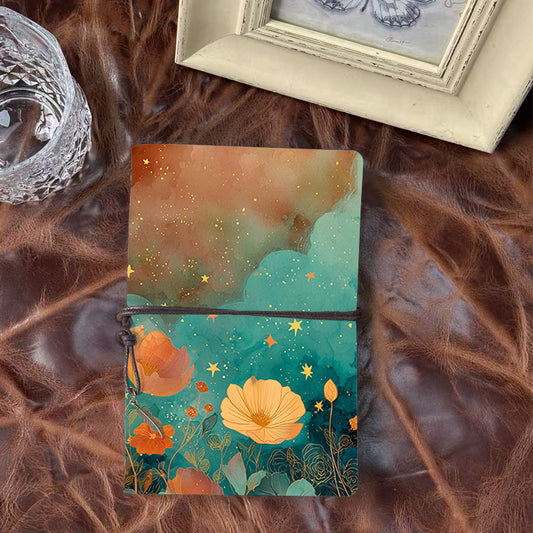 Handmade A6 Vintage Notebook - Metal Loose-leaf, 80 Sheets, For Office Workers with flowers, stars, clouds, night - sky Prints