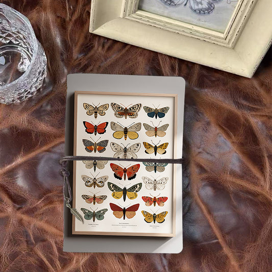 A6 Handmade Notebook, 80 Sheets, Vintage Tether Closure, Ideal for Business Professionals with Framed collection of various moths Prints