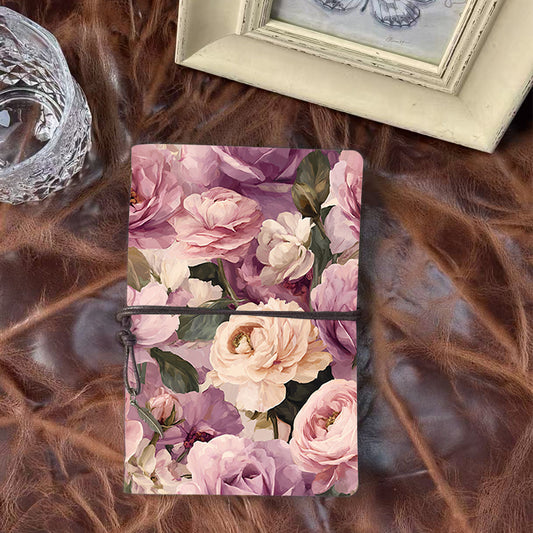 A6 Handmade Vintage Notebook, Metal Loose-leaf, Tether Closure, Essential for Office Staff with Pink roses and green leaves Prints