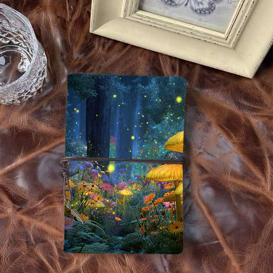 Handmade A6 Notebook, Metal Binder, Vintage Tether, Perfect for Corporate Professionals with Mushrooms, flowers, trees, fireflies Prints