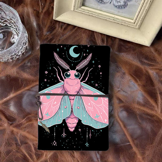 A6 Handmade Notebook, 160 Pages, Vintage Tether, Essential for Working Adults with Moth, moon, stars, night - sky elements Prints