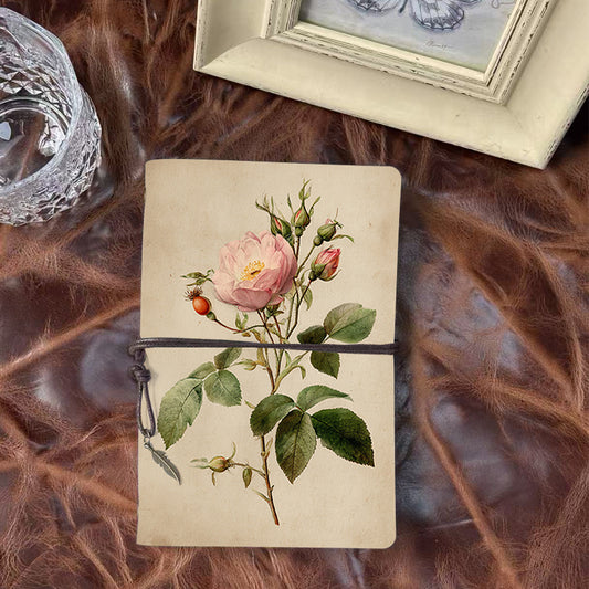Handmade A6 Notebook, Metal Loose-leaf, Vintage Tether, For Business Office Workers with Pink rose, buds, leaves, hip Prints