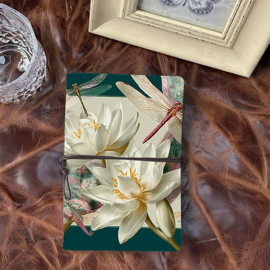 A6 Handmade Notebook, Metal Loose-leaf, Vintage Pendant, Perfect for Corporate Users with White lotus flowers and dragonflies Prints