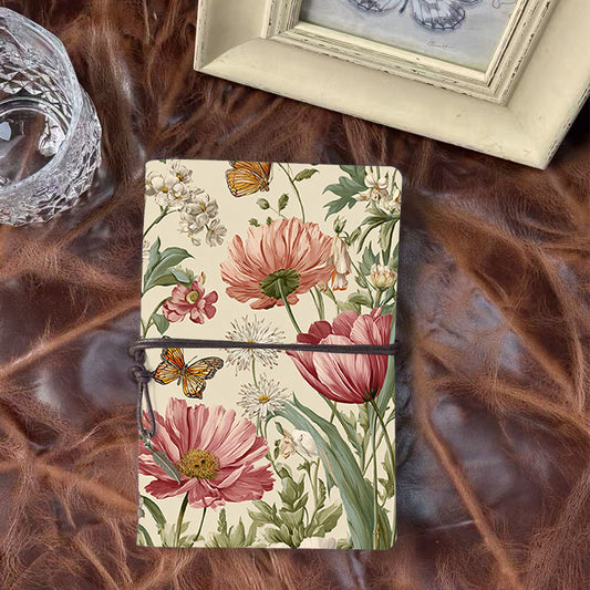 1PC Retro Notebook with Leaf Decoration Suitable for Librarians' Book Catalogs and Reading Logs with Flowers and butterflies on wallpaper Pr