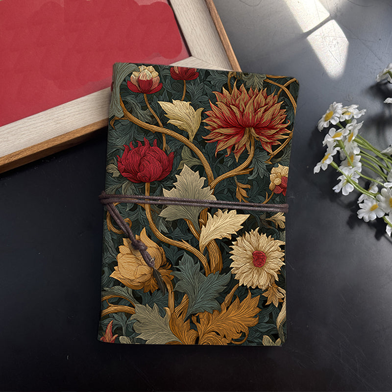 1 Retro Notebook, 80 Sheets(160 Pages Thickened Yellow Paper, Tied Closure with Leaf Decoration Multifunctional for Work, Study, Travel and