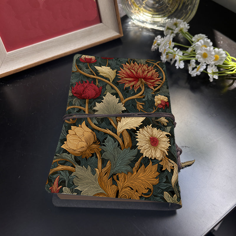 1 Retro Notebook, 80 Sheets(160 Pages Thickened Yellow Paper, Tied Closure with Leaf Decoration Multifunctional for Work, Study, Travel and