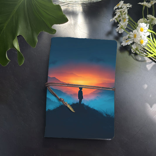 1PC Retro Notebook with Leaf Decoration Suitable for Librarians' Book Catalogs and Reading Logs with Boy, mountains, sunset, mist Prints on