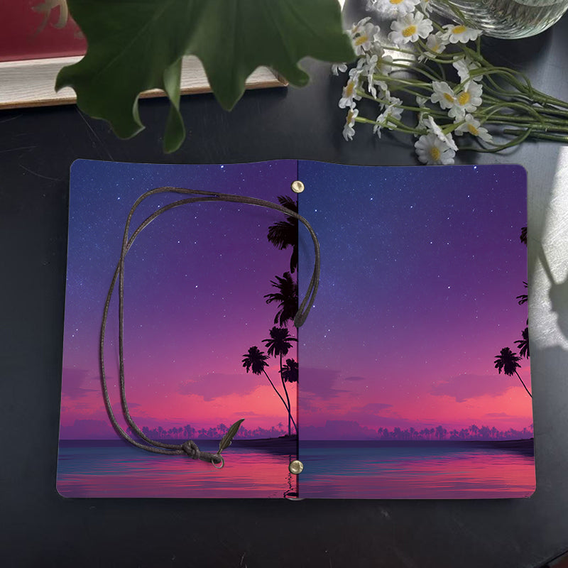 1 Piece 80 Sheets Vintage Notebook Perfect for Musicians' Lyric Drafts and Practice Schedules with Stars, palm trees, sea, sunset sky Prints