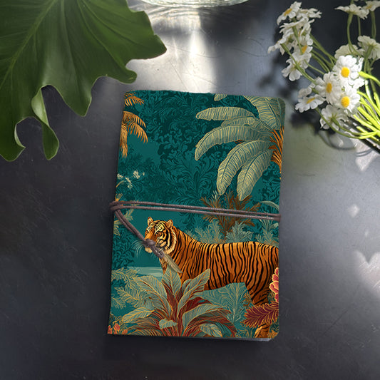 1PC Retro Thick Paper Notebook 160 Pages Perfect for IT Professionals' Debug Notes and Project Plans with Tiger, palm trees, flowers, foliag
