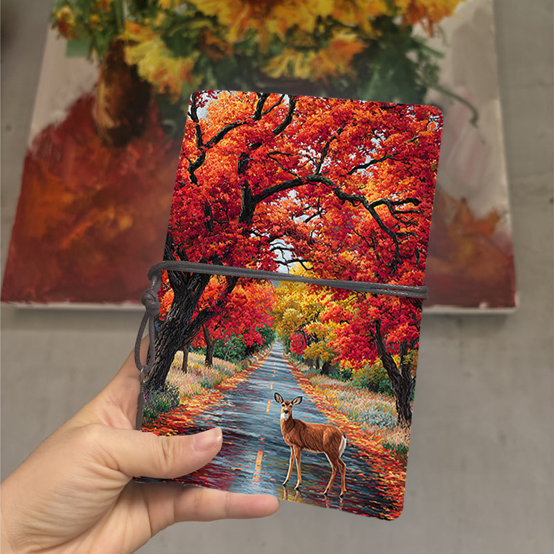 A6 Campus Class Notebook Retro Paper, Thick Ideal for Professor Lesson Plans, Class Notes & Back-to-School Essential with Deer, road, autum