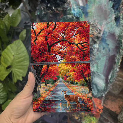  A6 Campus Class Notebook Retro Paper, Thick Ideal for Professor Lesson Plans, Class Notes & Back-to-School Essential with Deer, road, autum