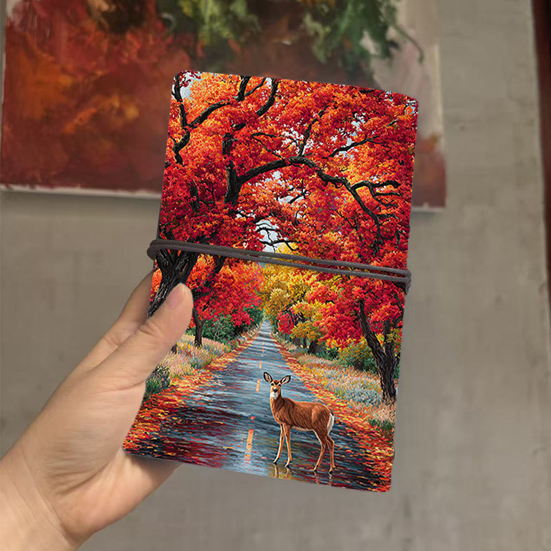  A6 Campus Class Notebook Retro Paper, Thick Ideal for Professor Lesson Plans, Class Notes & Back-to-School Essential with Deer, road, autum