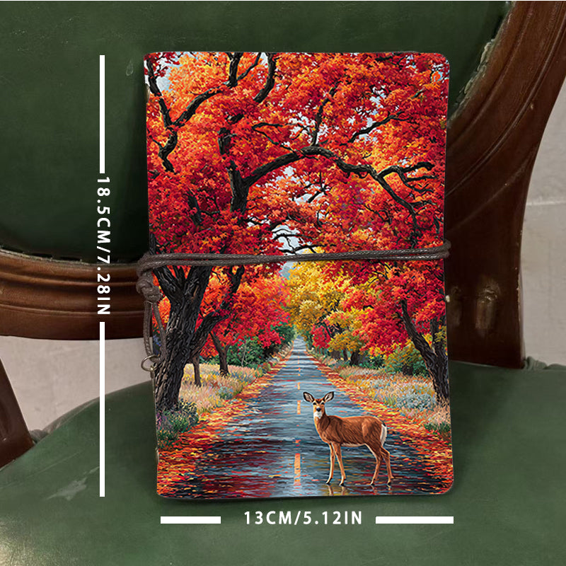  A6 Campus Class Notebook Retro Paper, Thick Ideal for Professor Lesson Plans, Class Notes & Back-to-School Essential with Deer, road, autum