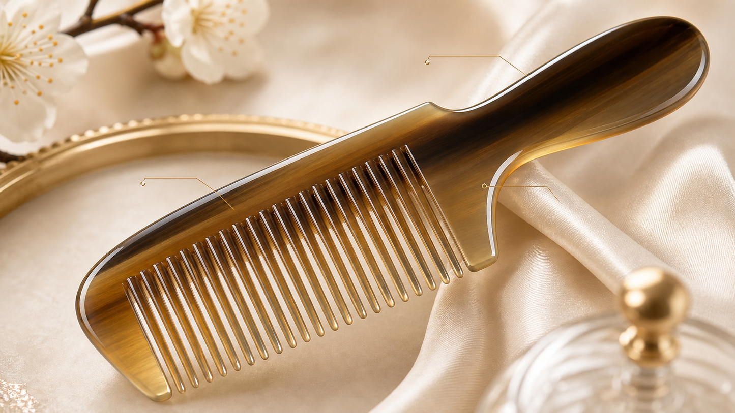 Close detail of natural horn comb smooth teeth and polished horn grain