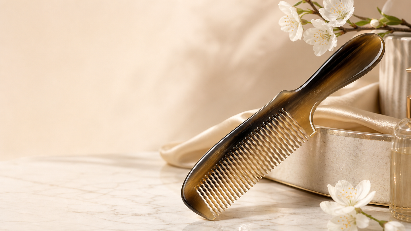 Premium natural horn comb on a warm ivory marble vanity