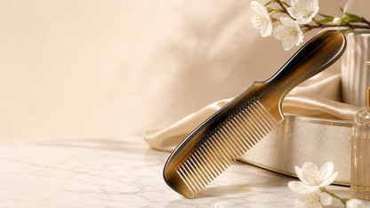 Premium natural horn comb on a warm ivory marble vanity