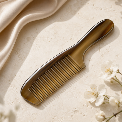 Natural horn comb with straight even teeth and polished amber grain