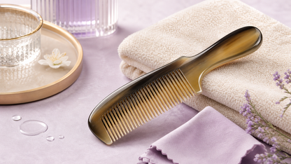 Natural horn comb care scene with lavender and soft towel