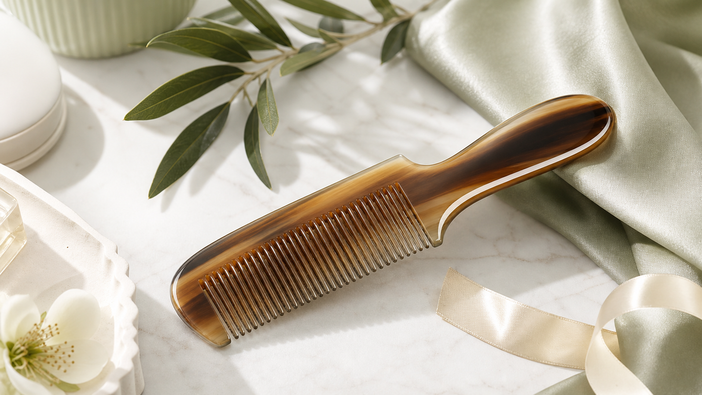 Natural horn comb on a bright sage green beauty vanity