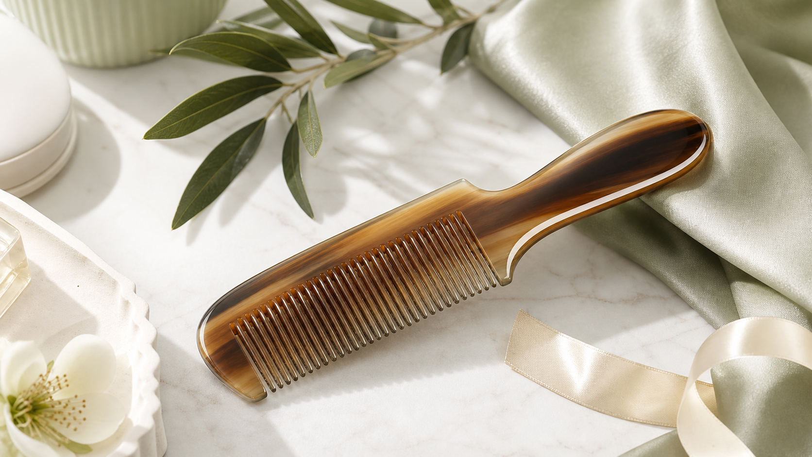 Natural horn comb on a bright sage green beauty vanity