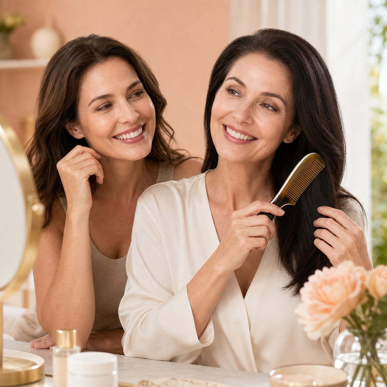 Women enjoying a natural horn comb beauty routine