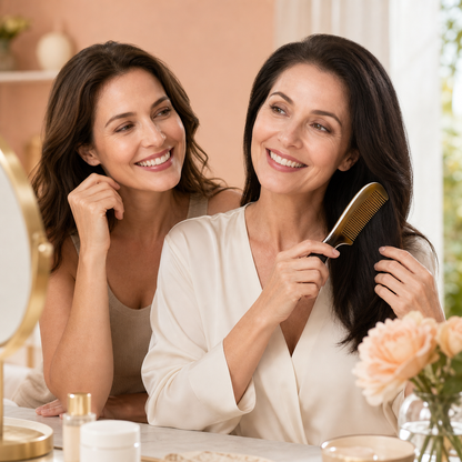 Women enjoying a natural horn comb beauty routine