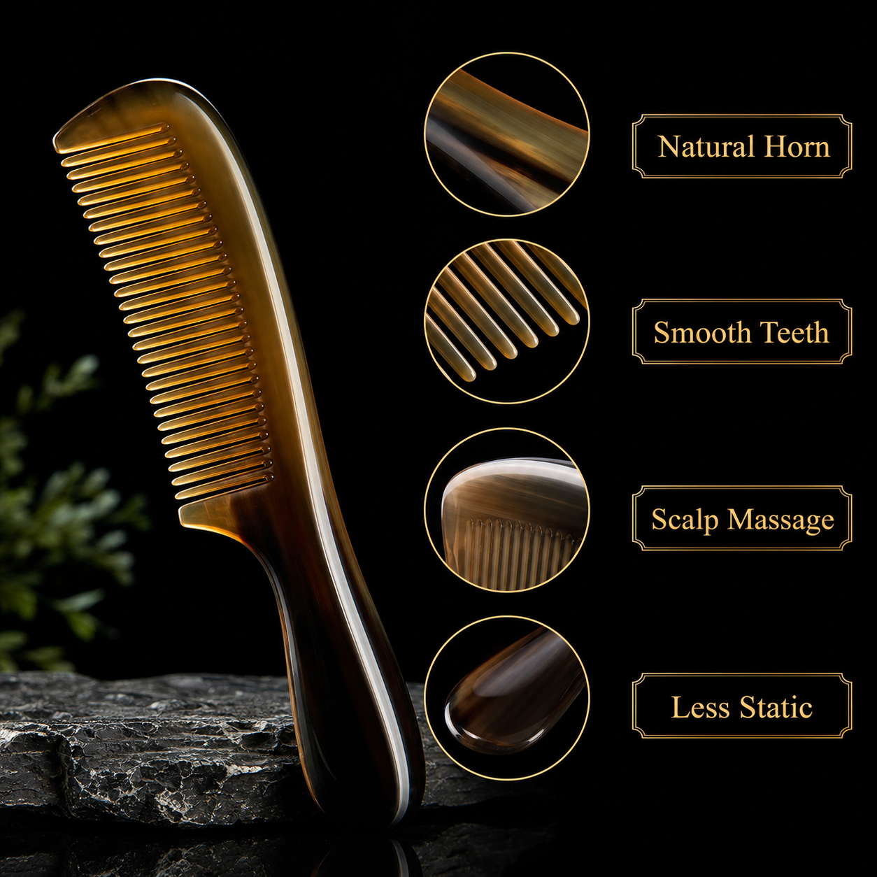 Natural horn comb detail image showing smooth teeth, scalp massage, and less static features