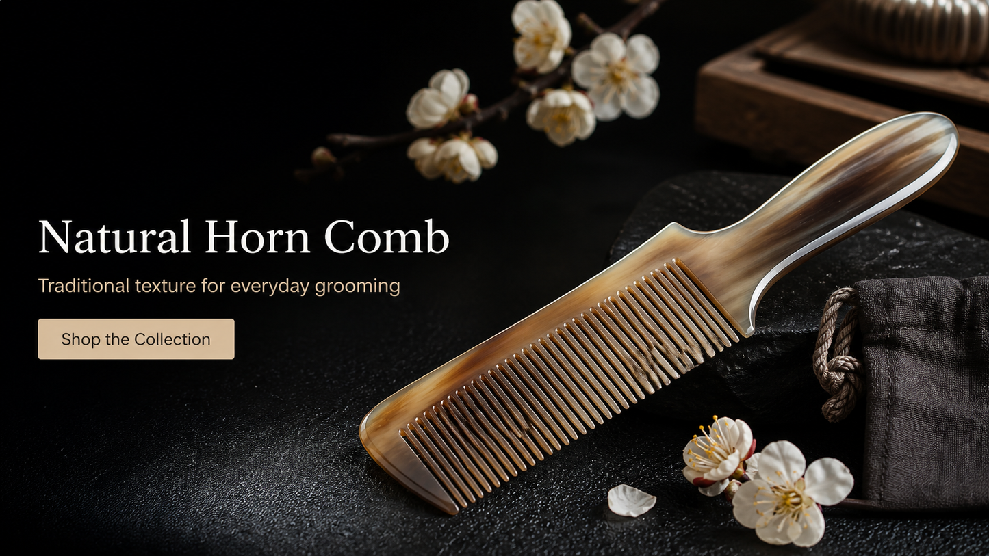 Natural horn comb landing page hero image with traditional grooming texture